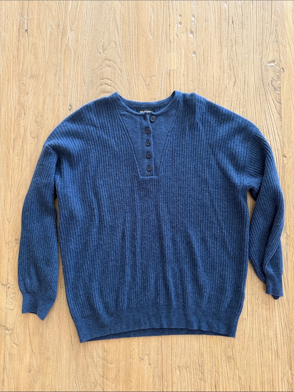 NAADAM Navy Ribbed Button Henley Sweater